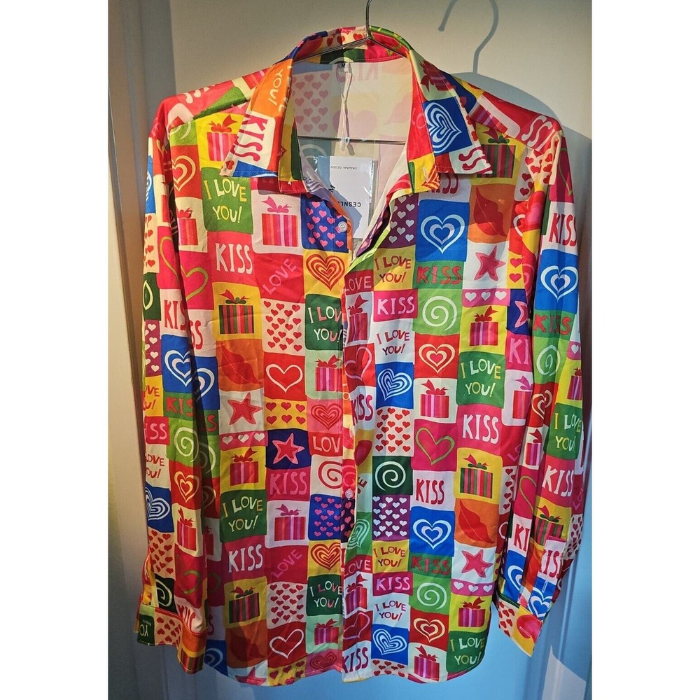 NWT MEN'S CESNLEOIK BEAUTIFUL MULTICOLOR LOVE THEMED POLYESTER SHIRT SIZE MEDIUM